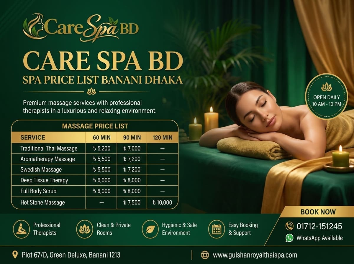 spa price list Banani dhaka massage prices at Care Spa BD