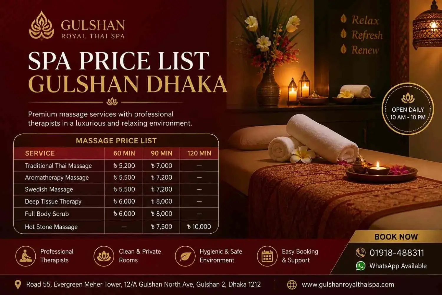 spa price list gulshan dhaka massage prices at Gulshan Royal Thai Spa